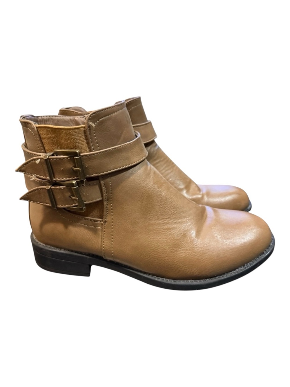 Stylish Tan Ankle Boots with Double Buckle, side zip, size 8